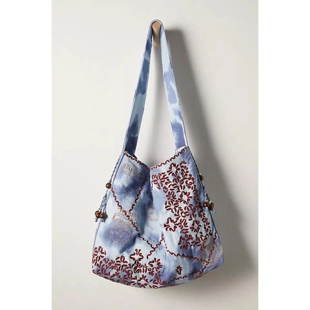 Free People Elsi Embroidered Carryall Blue Boho Bag Beaded Cotton NWT